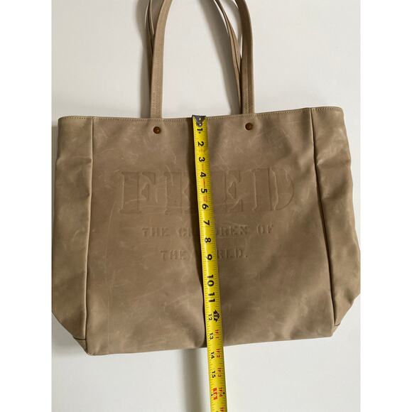 Feed The Children Of The World Leather Tote Bag Embossed Almond Shoulder Bag Tan - Picture 16 of 16